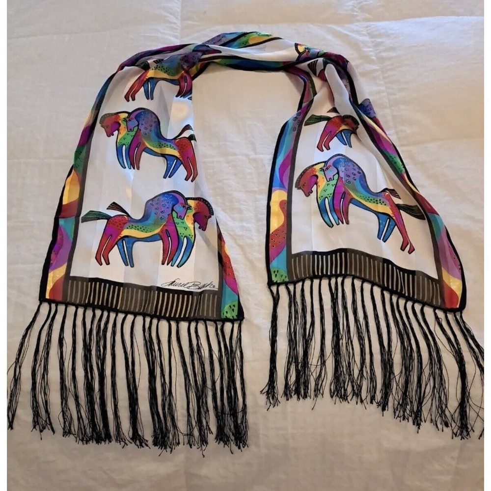 Laurel Burch 100% silk rainbow horses on white scarf with fringe equestrian